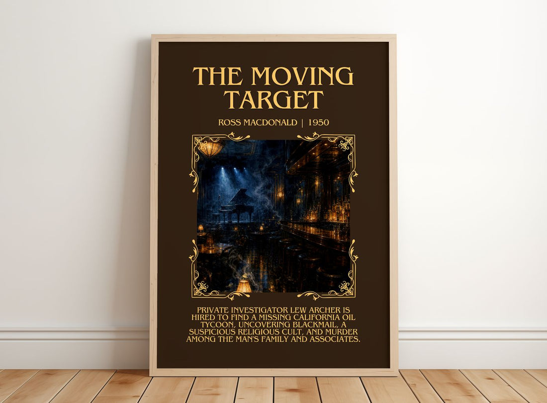 The Moving Target Minimalist Book Poster by Ross Macdonald – framed print leaning on a wooden floor