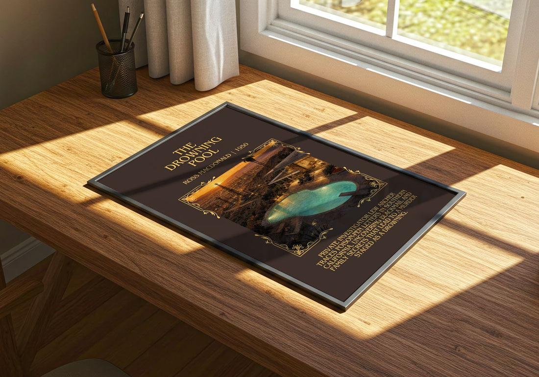 The Drowning Pool Minimalist Book Poster by Ross Macdonald – print on a sunlit desk