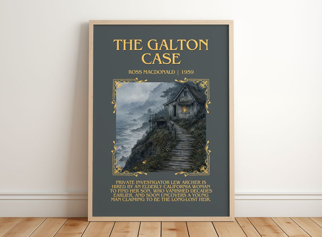 The Galton Case Minimalist Book Poster by Ross Macdonald – framed print leaning on a wooden floor