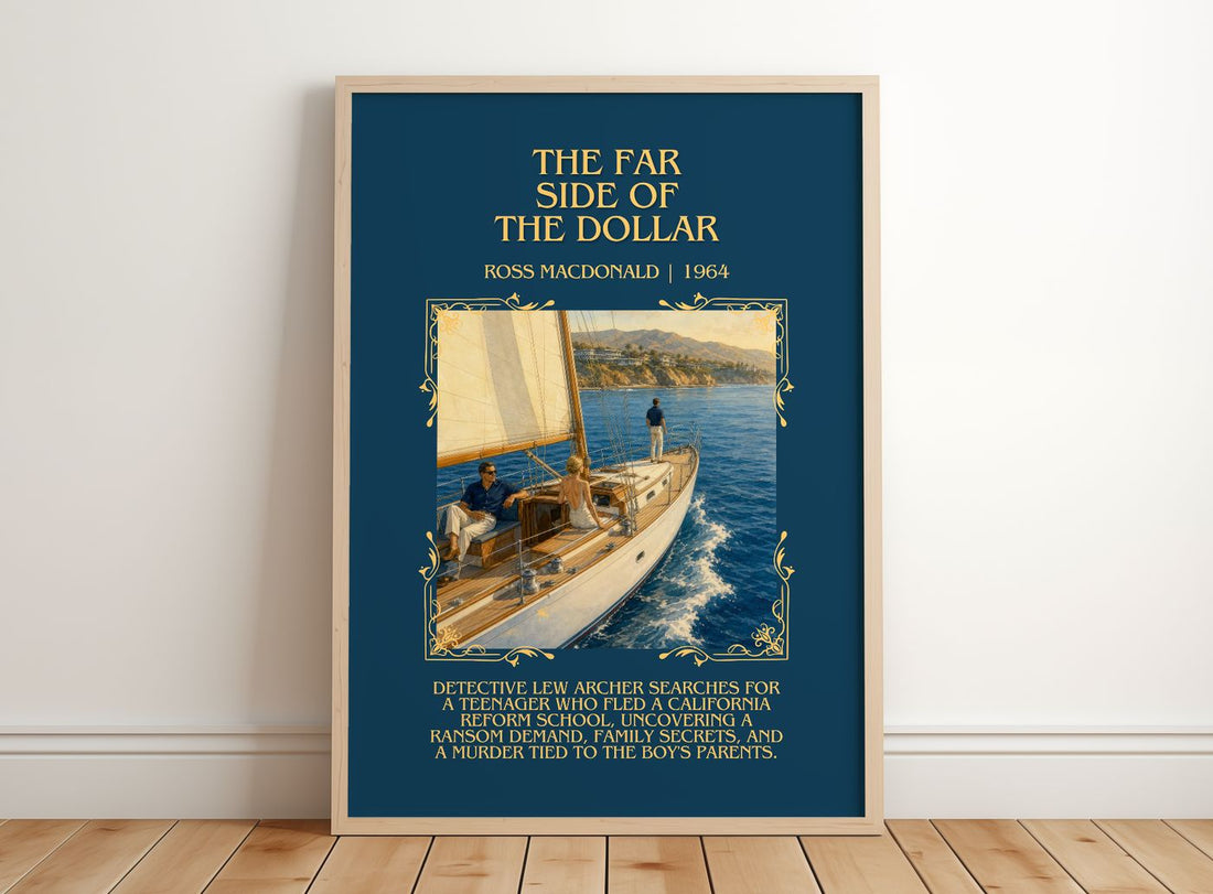 The Far Side of the Dollar Minimalist Book Poster by Ross Macdonald – framed print leaning on a wooden floor