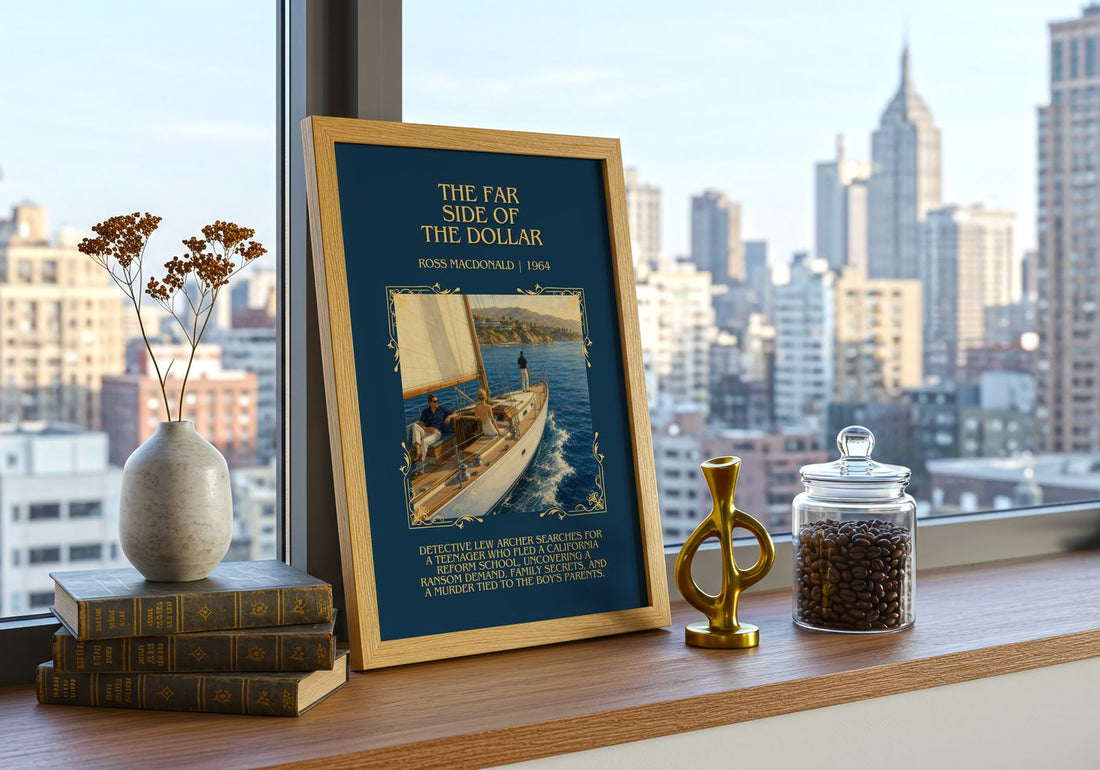 The Far Side of the Dollar Minimalist Book Poster by Ross Macdonald – framed print on a city-view windowsill