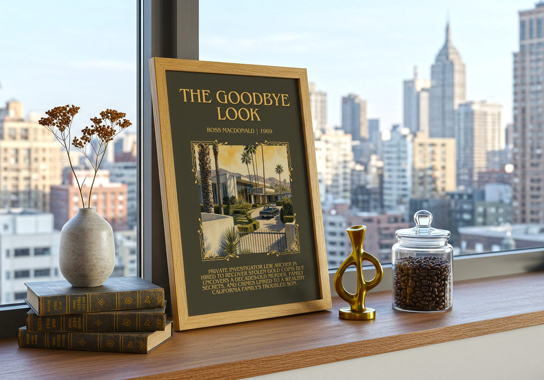 The Goodbye Look Minimalist Book Poster by Ross Macdonald – framed print on a city-view windowsill