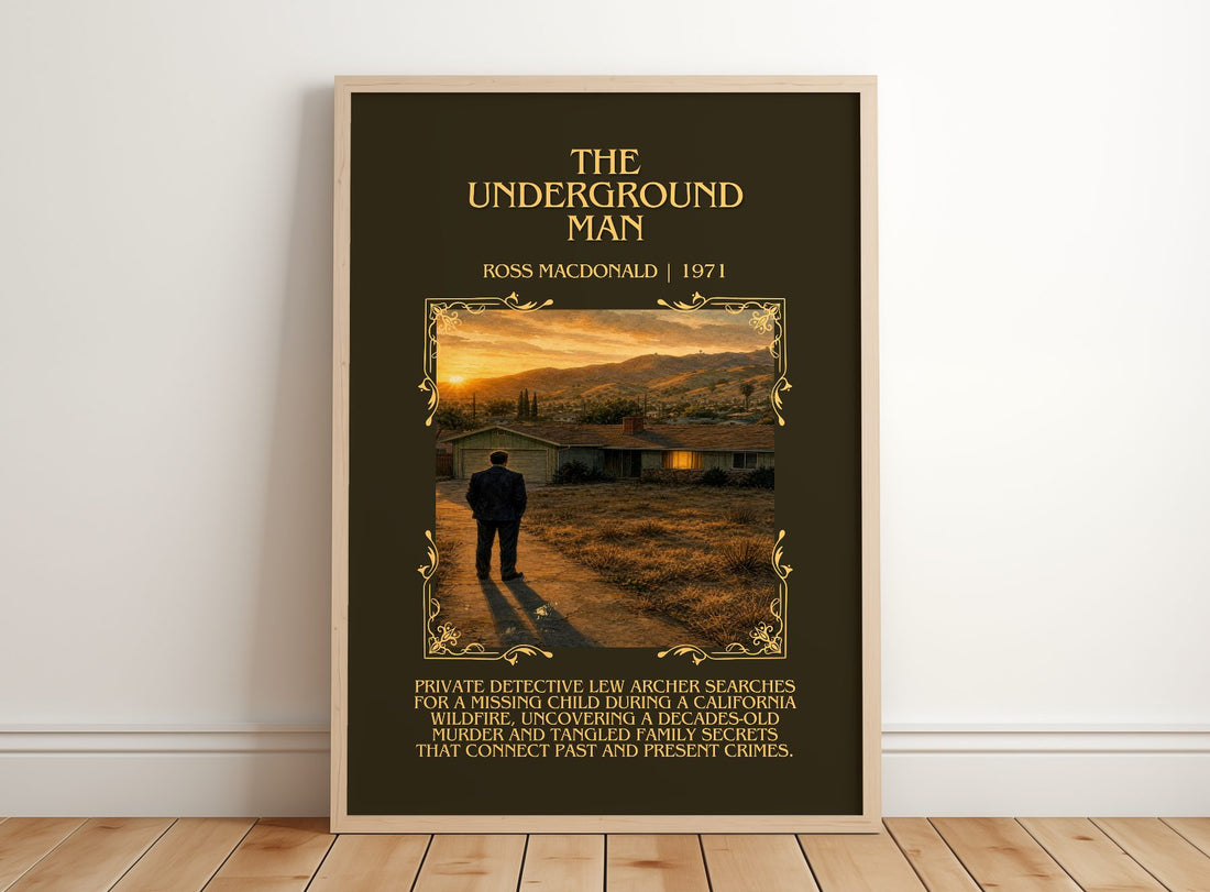 The Underground Man Minimalist Book Poster by Ross Macdonald – framed print leaning on a wooden floor
