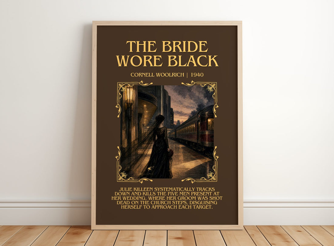The Bride Wore Black Minimalist Book Poster by Cornell Woolrich – framed print leaning on a wooden floor