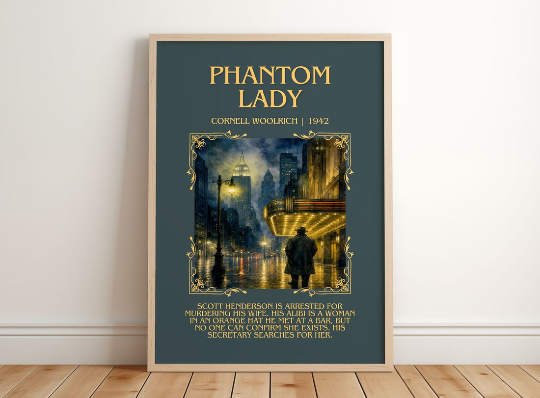 Phantom Lady Minimalist Book Poster by Cornell Woolrich – framed print leaning on a wooden floor