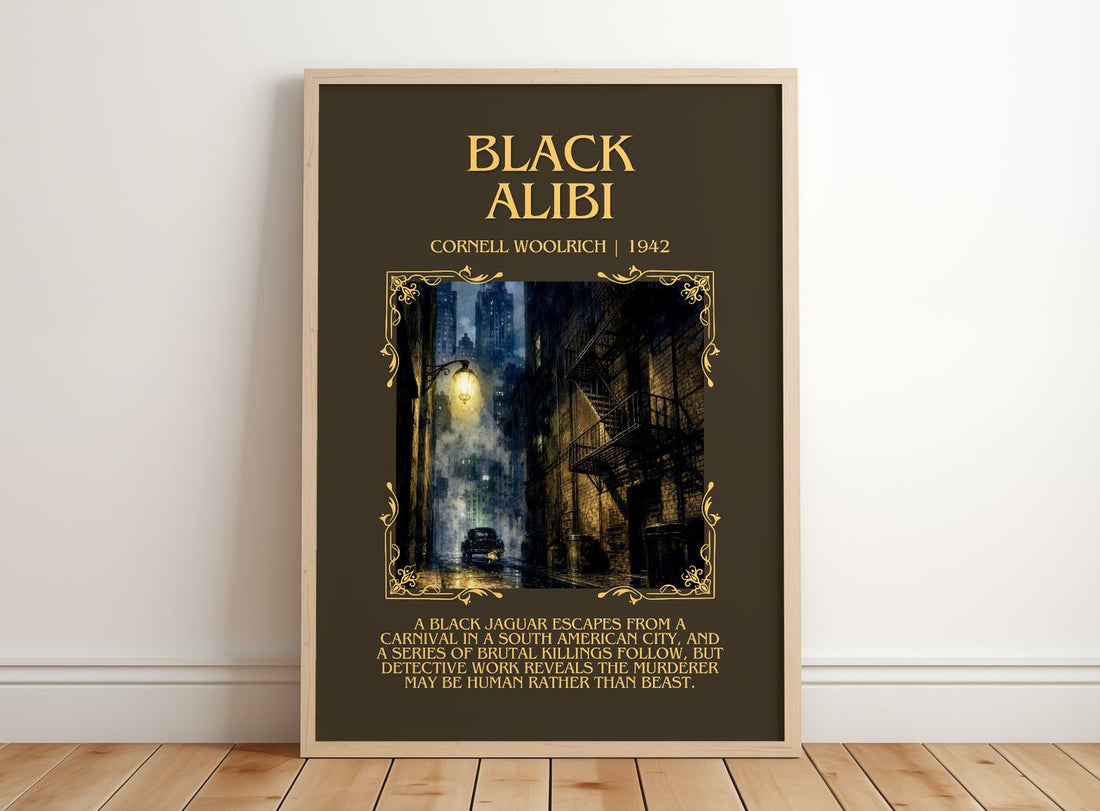Black Alibi Minimalist Book Poster by Cornell Woolrich – framed print leaning on a wooden floor