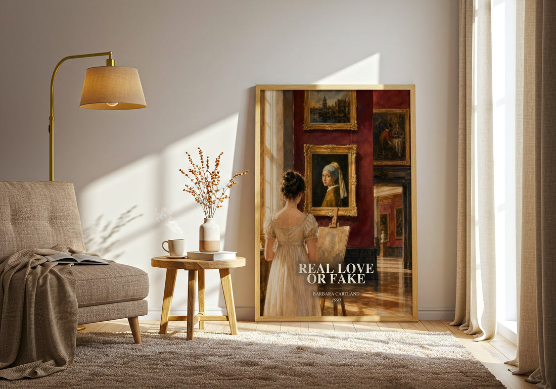 Real Love Or Fake watercolour print in frame leaning in hallway – romance wall art (mockup)