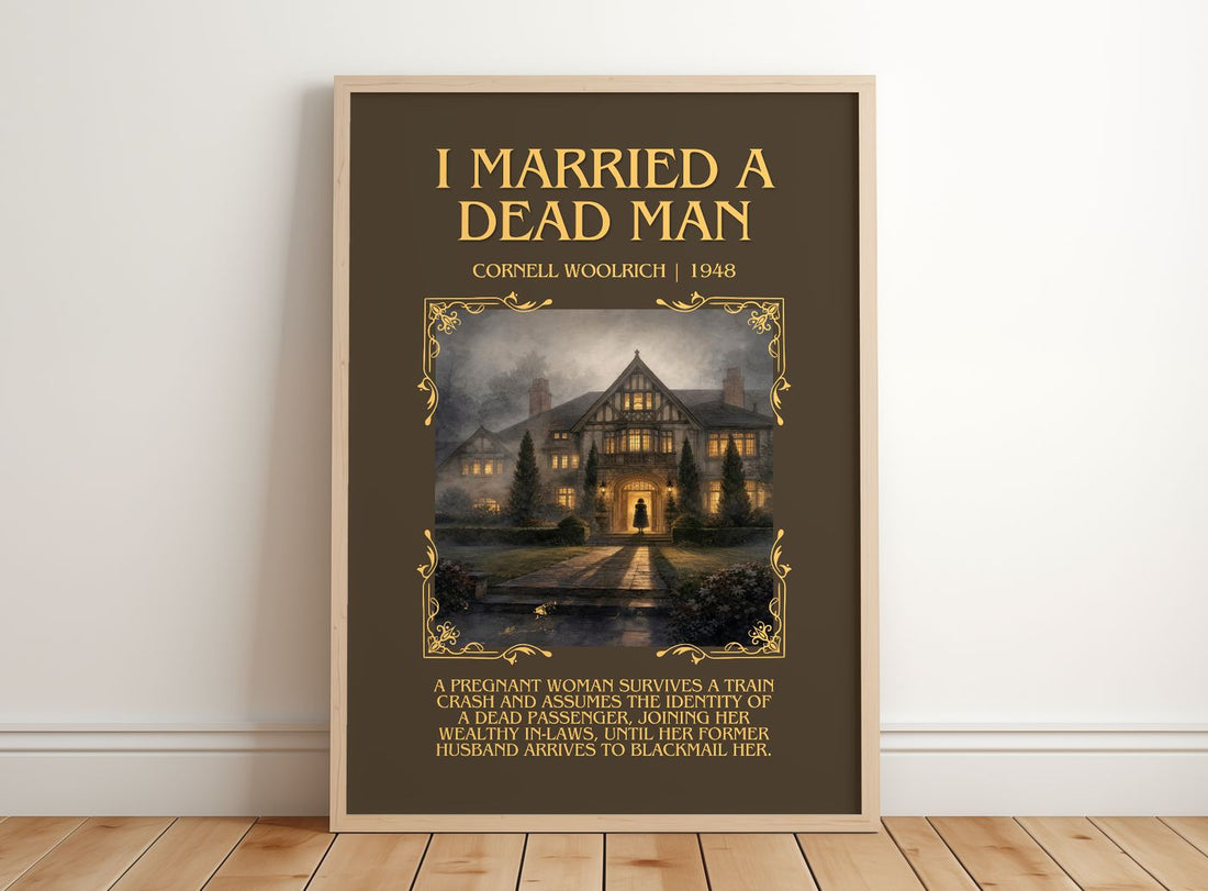 I Married a Dead Man Minimalist Book Poster by Cornell Woolrich – framed print leaning on a wooden floor