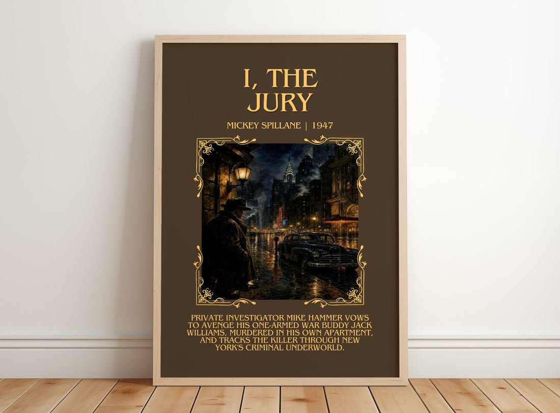 I, the Jury Minimalist Book Poster by Mickey Spillane – framed print leaning on a wooden floor