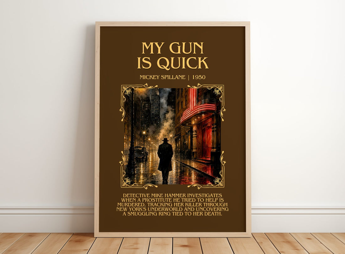 My Gun Is Quick Minimalist Book Poster by Mickey Spillane – framed print leaning on a wooden floor