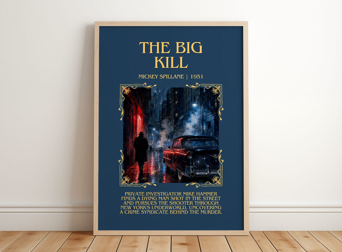 The Big Kill Minimalist Book Poster by Mickey Spillane – framed print leaning on a wooden floor