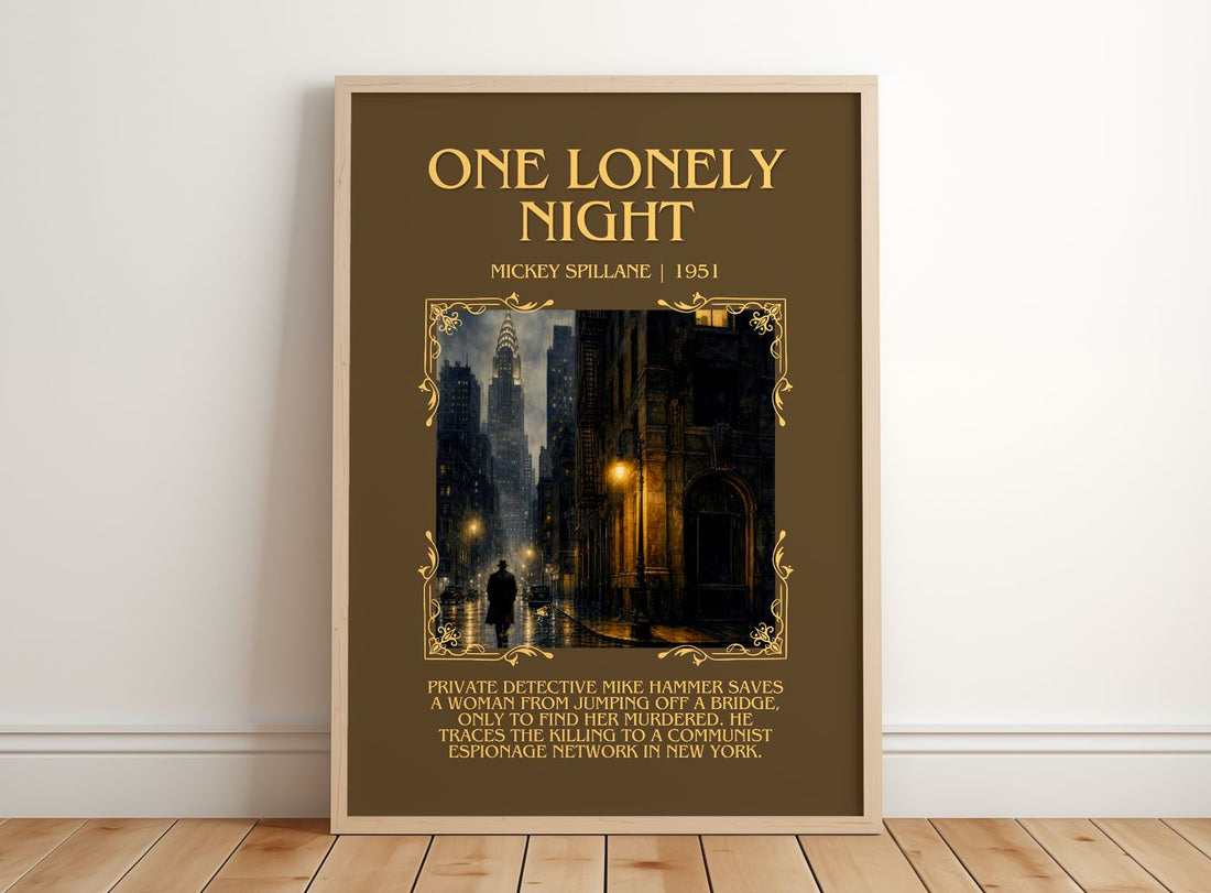 One Lonely Night Minimalist Book Poster by Mickey Spillane – framed print leaning on a wooden floor