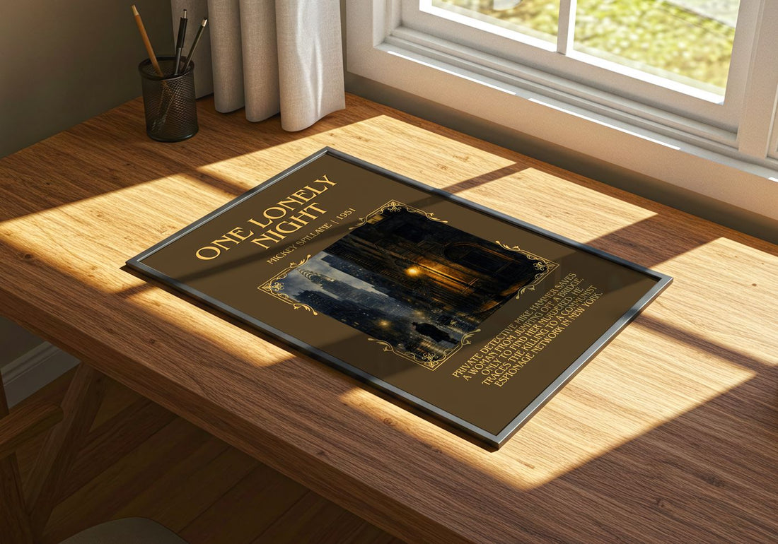 One Lonely Night Minimalist Book Poster by Mickey Spillane – print on a sunlit desk