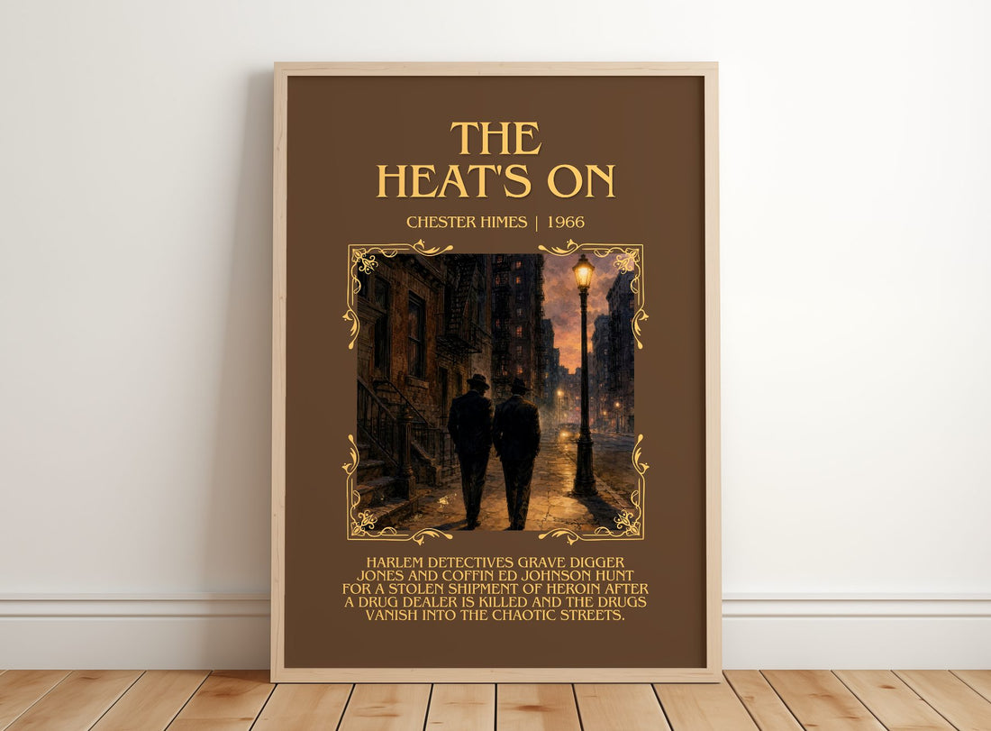 The Heat's On Minimalist Book Poster by Chester Himes – framed print leaning on a wooden floor