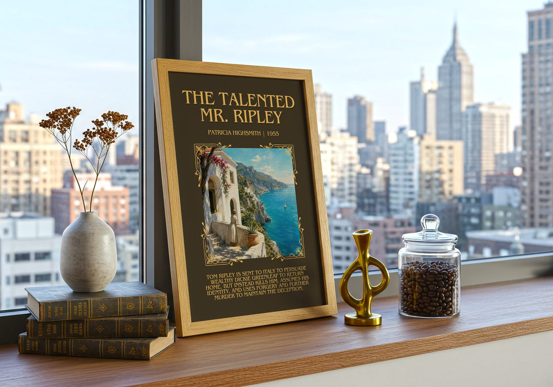 The Talented Mr. Ripley Minimalist Book Poster by Patricia Highsmith – framed print on a city-view windowsill