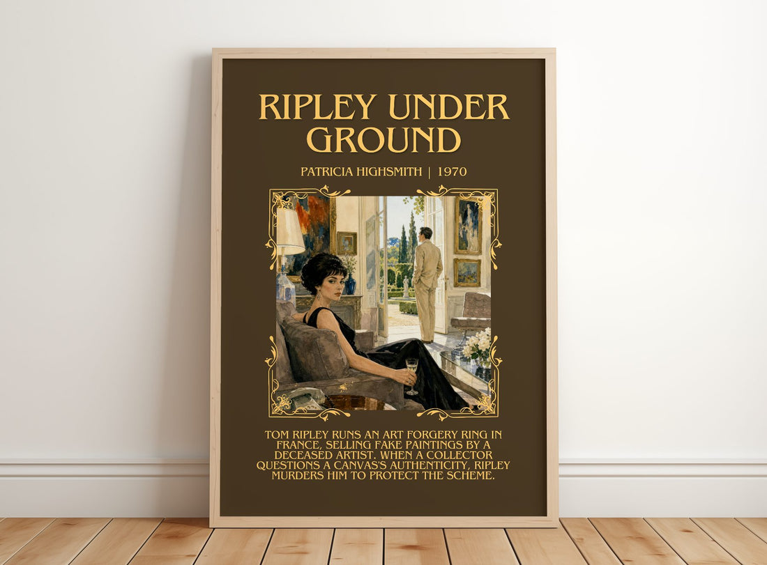 Ripley Under Ground Minimalist Book Poster by Patricia Highsmith – framed print leaning on a wooden floor