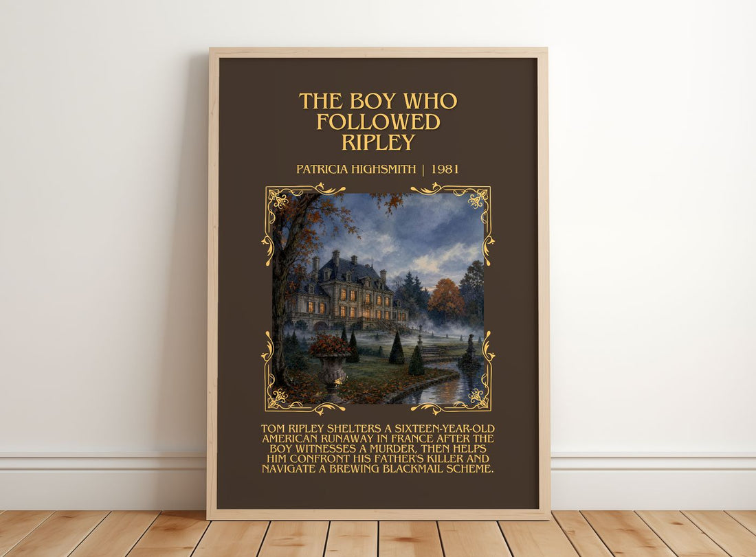 Boy Who Followed Ripley Minimalist Book Poster by Patricia Highsmith – framed print leaning on a wooden floor