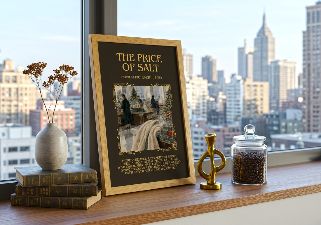 The Price of Salt Minimalist Book Poster by Patricia Highsmith – framed print on a city-view windowsill