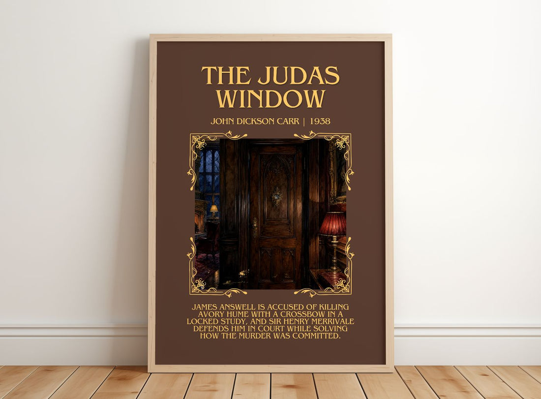 The Judas Window Minimalist Book Poster by John Dickson Carr – framed print leaning on a wooden floor