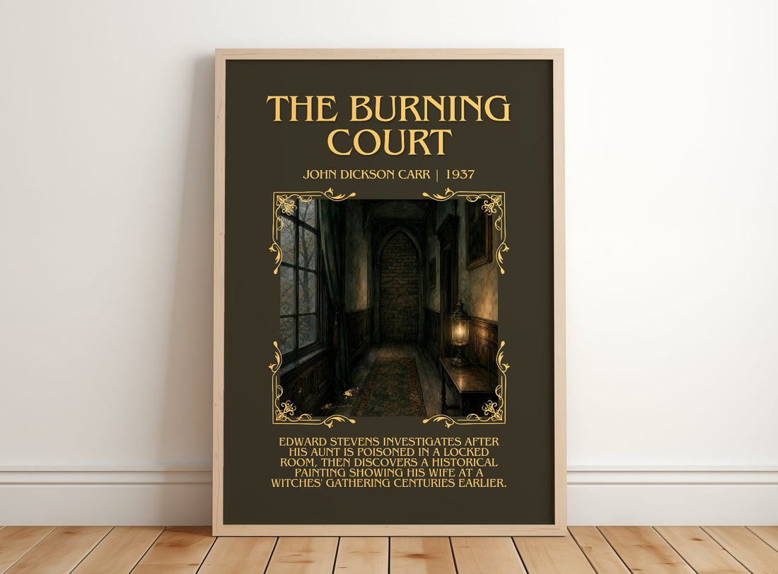 The Burning Court Minimalist Book Poster by John Dickson Carr – framed print leaning on a wooden floor