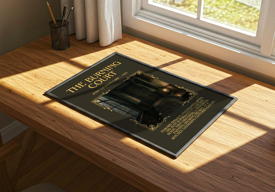 The Burning Court Minimalist Book Poster by John Dickson Carr – print on a sunlit desk