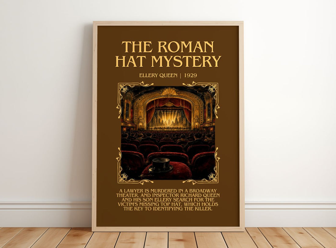 The Roman Hat Mystery Minimalist Book Poster by Ellery Queen – framed print leaning on a wooden floor