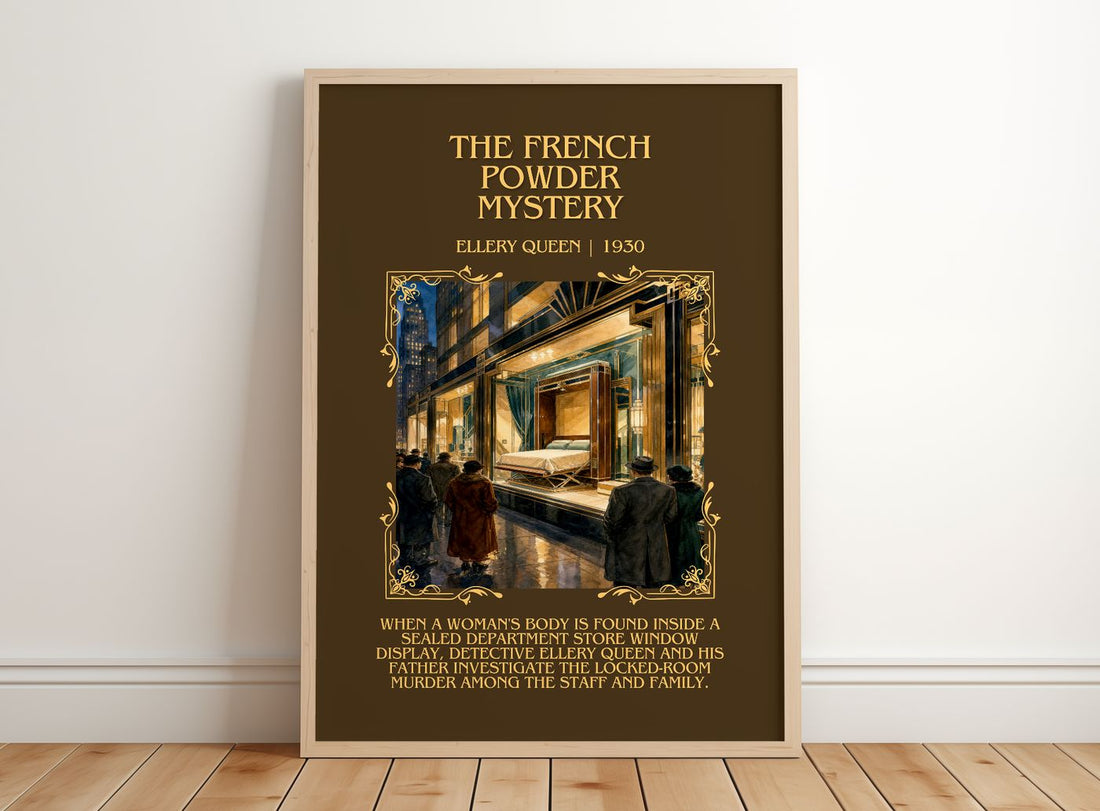 The French Powder Mystery Minimalist Book Poster by Ellery Queen – framed print leaning on a wooden floor