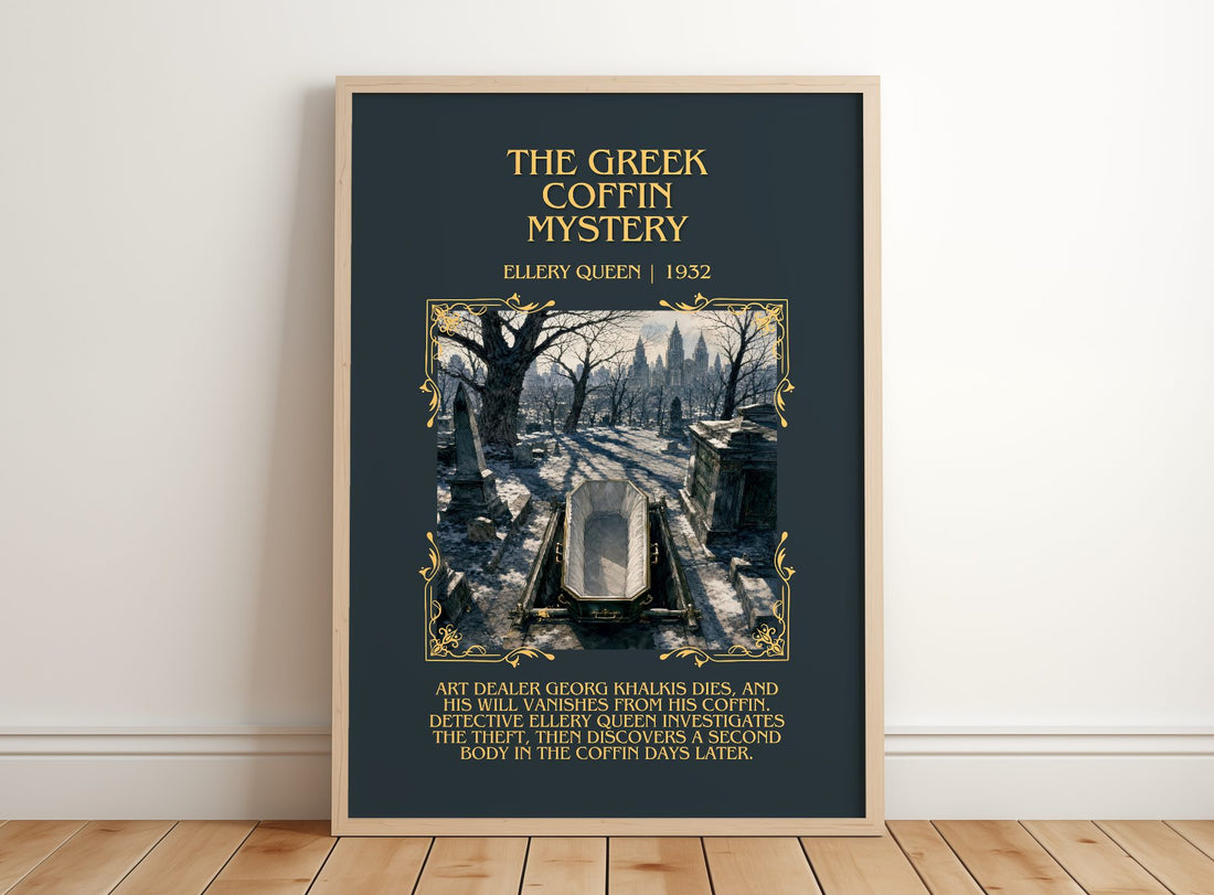 The Greek Coffin Mystery Minimalist Book Poster by Ellery Queen – framed print leaning on a wooden floor
