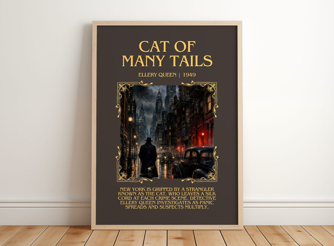 Cat of Many Tails Minimalist Book Poster by Ellery Queen – framed print leaning on a wooden floor