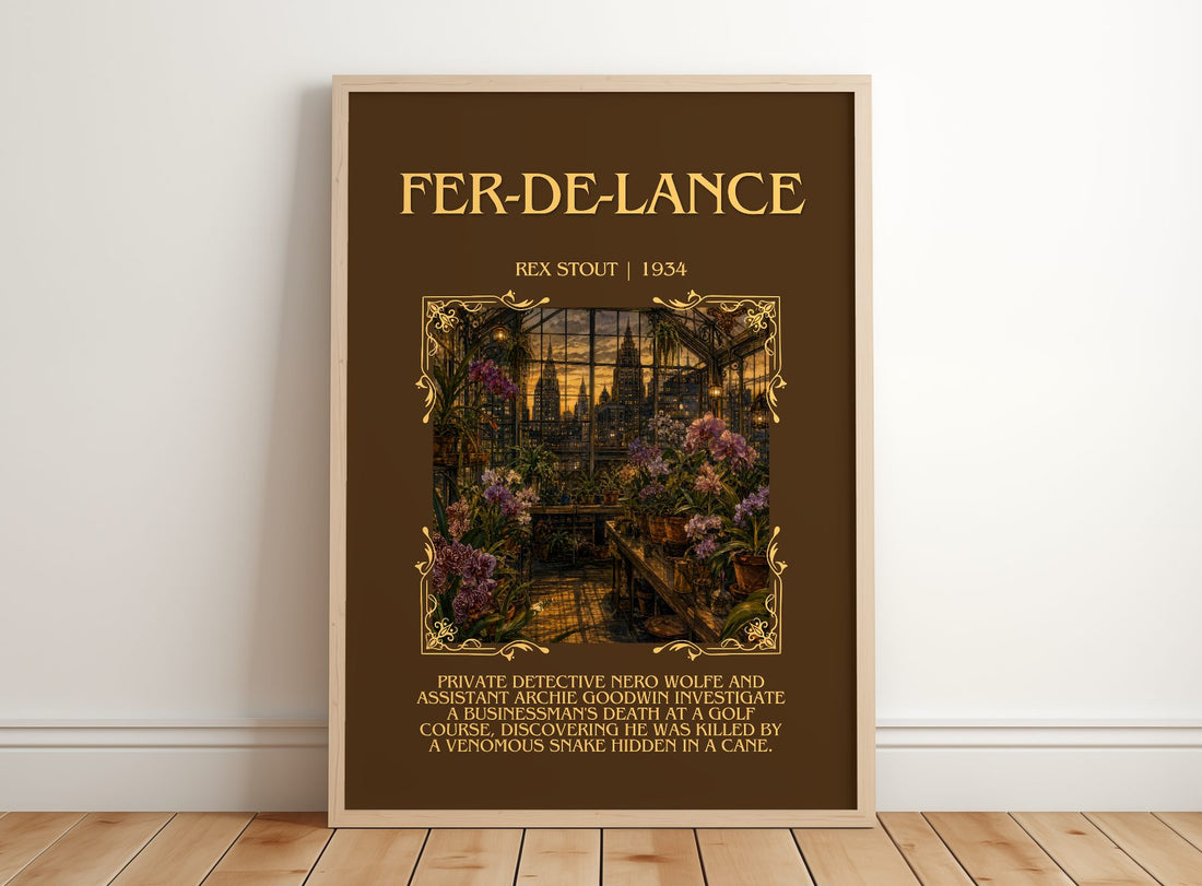 Fer-de-Lance Minimalist Book Poster by Rex Stout – framed print leaning on a wooden floor