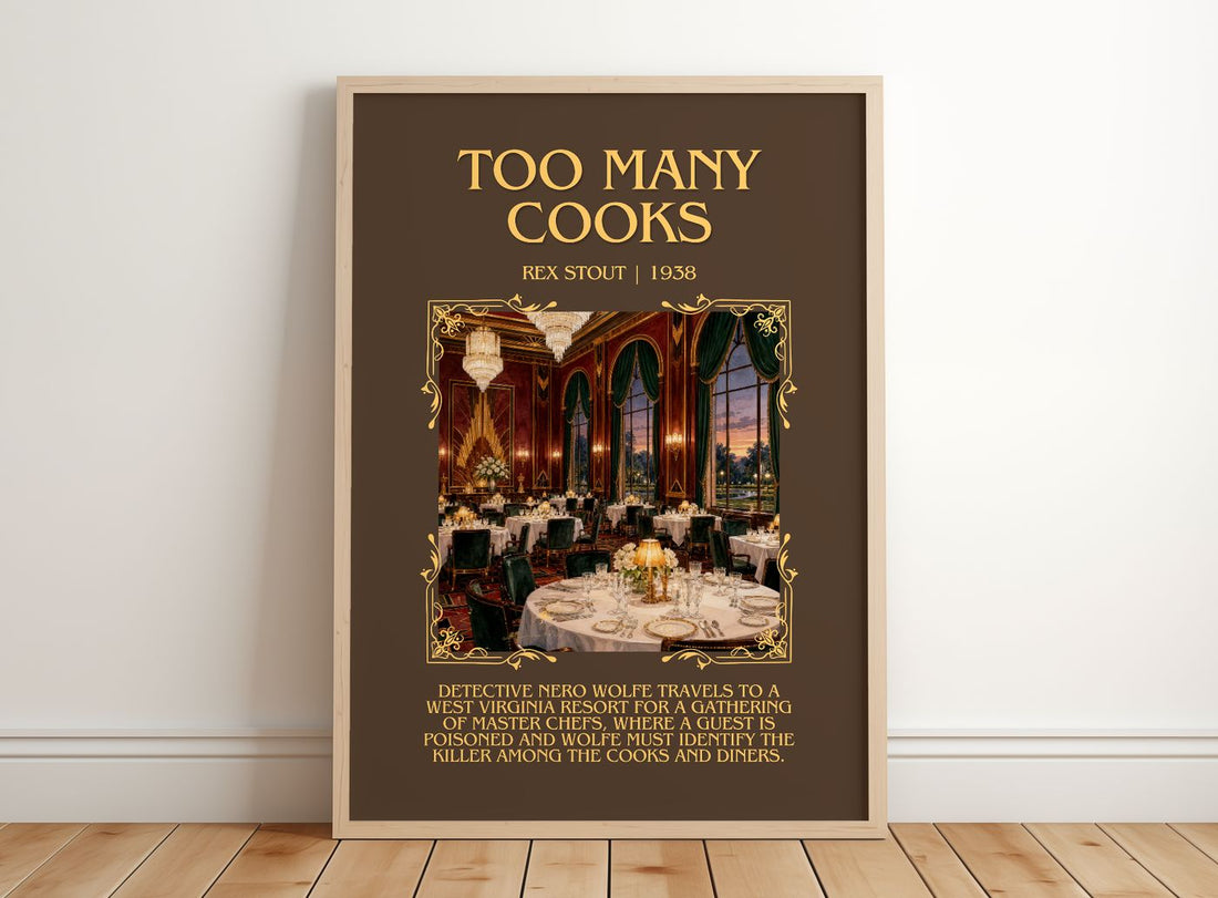 Too Many Cooks Minimalist Book Poster by Rex Stout – framed print leaning on a wooden floor