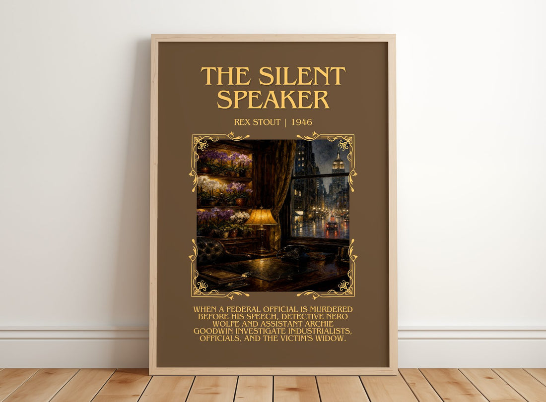 The Silent Speaker Minimalist Book Poster by Rex Stout – framed print leaning on a wooden floor