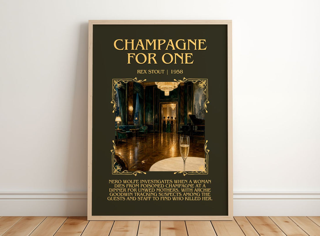 Champagne for One Minimalist Book Poster by Rex Stout – framed print leaning on a wooden floor