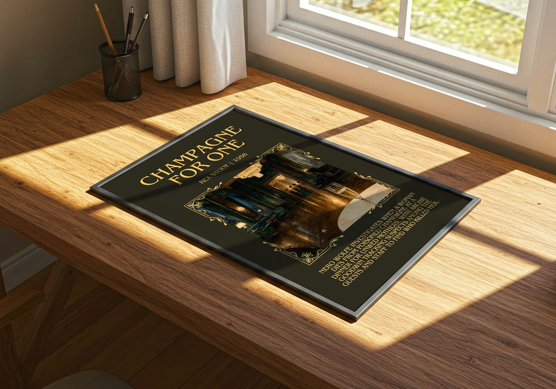 Champagne for One Minimalist Book Poster by Rex Stout – print on a sunlit desk