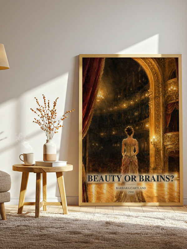 Beauty Or Brains? watercolour print in frame leaning in hallway – romance wall art