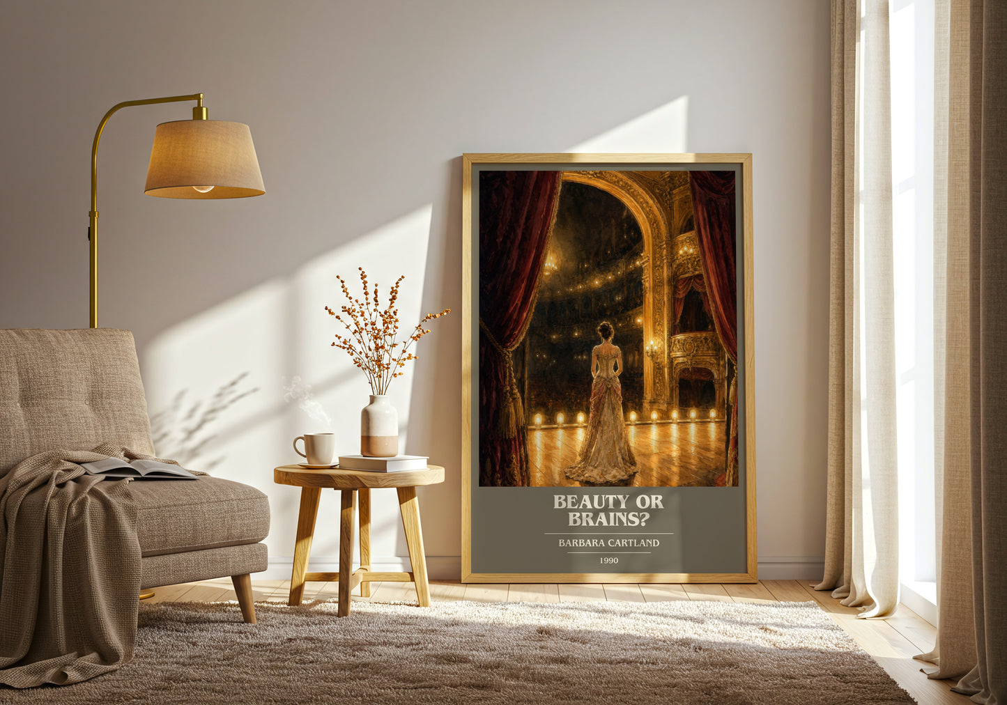 Beauty Or Brains? book cover print on bookshelf – Barbara Cartland fan gift