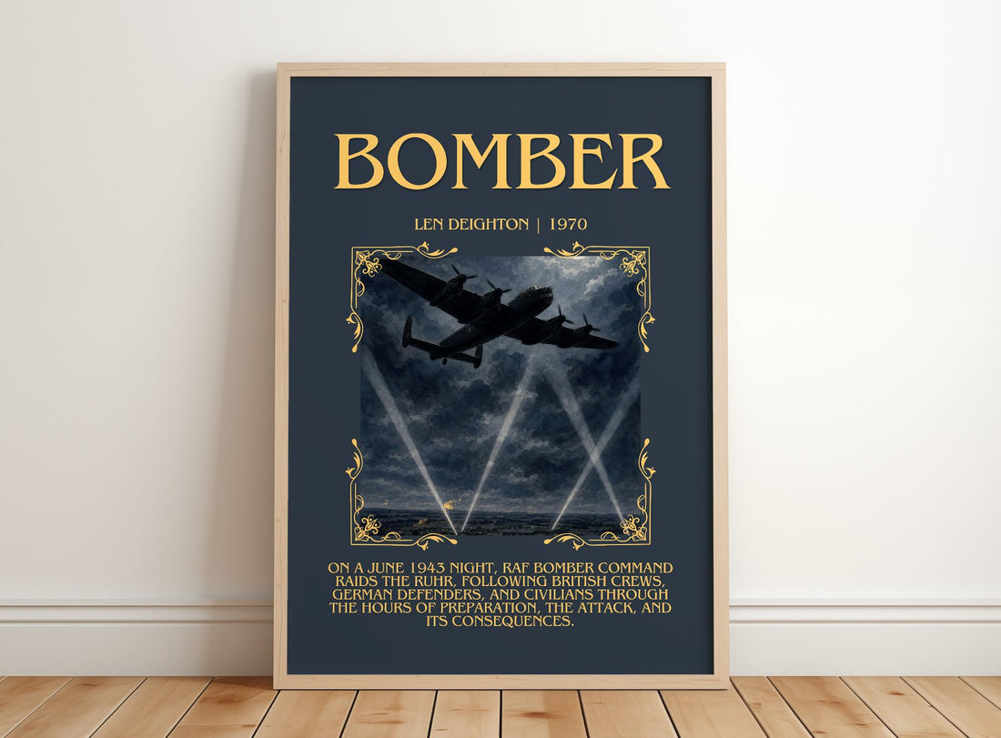 Bomber Minimalist Book Poster by Len Deighton – framed print leaning on a wooden floor