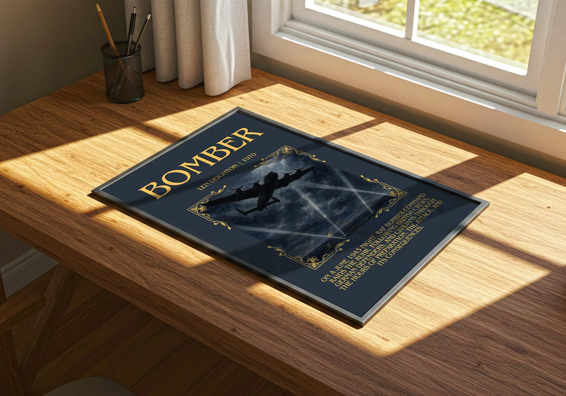 Bomber Minimalist Book Poster by Len Deighton – print on a sunlit desk