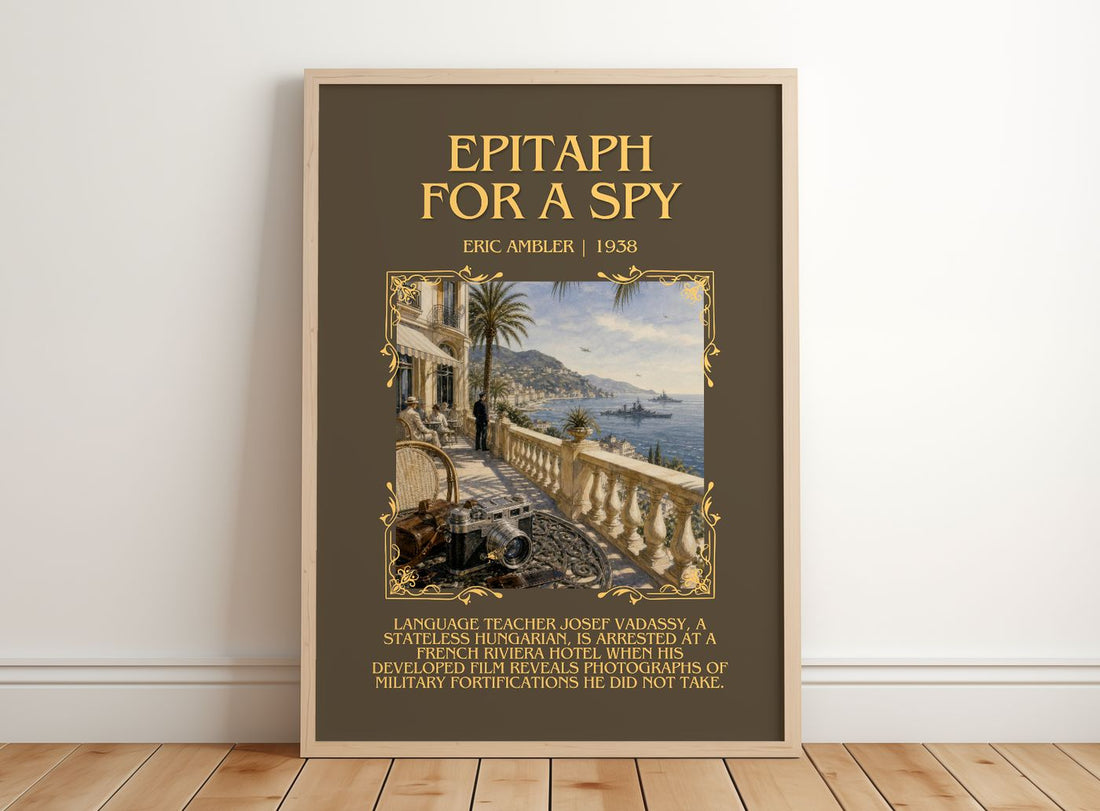 Epitaph for a Spy Minimalist Book Poster by Eric Ambler – framed print leaning on a wooden floor