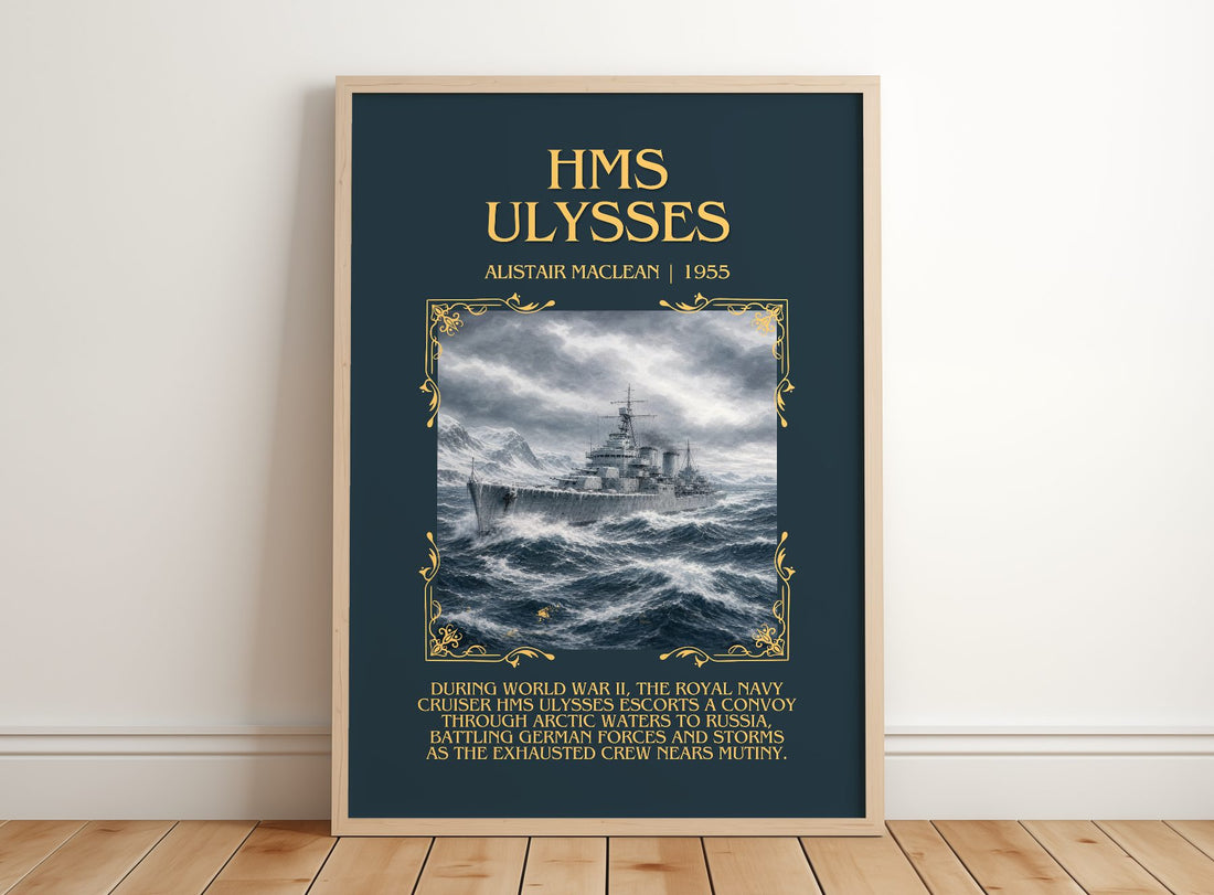 HMS Ulysses Minimalist Book Poster by Alistair MacLean – framed print leaning on a wooden floor