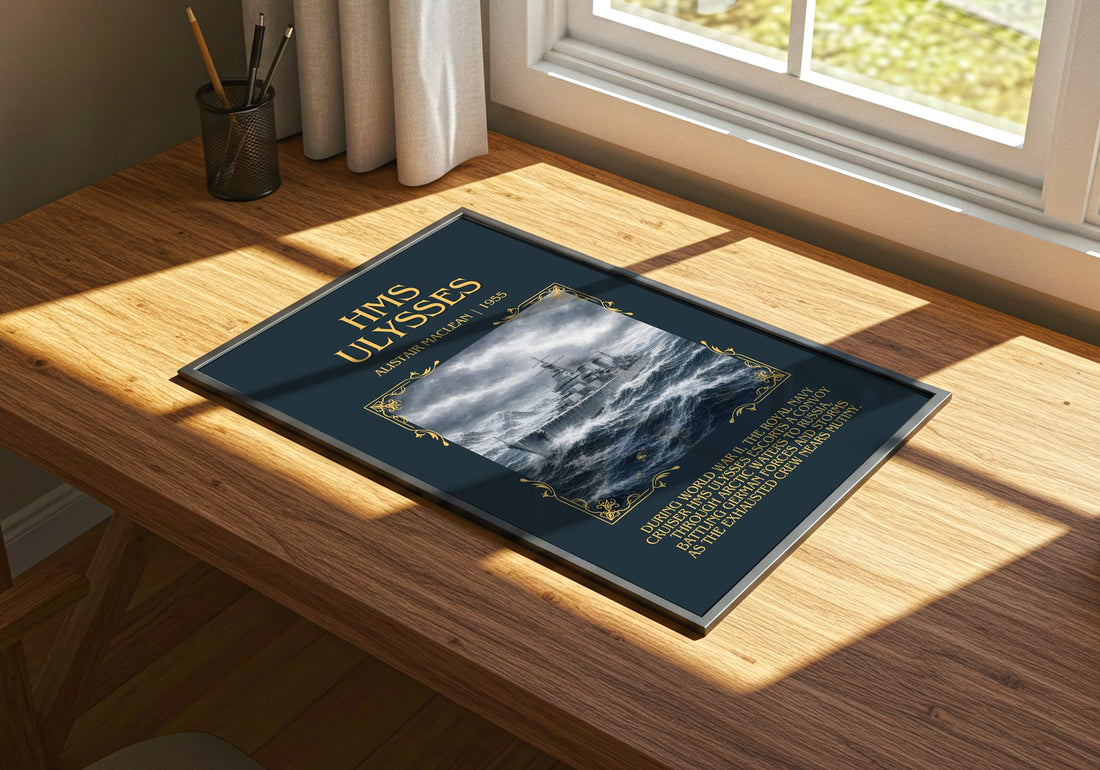 HMS Ulysses Minimalist Book Poster by Alistair MacLean – print on a sunlit desk