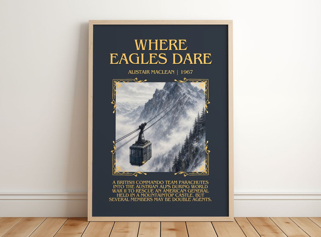 Where Eagles Dare Minimalist Book Poster by Alistair MacLean – framed print leaning on a wooden floor