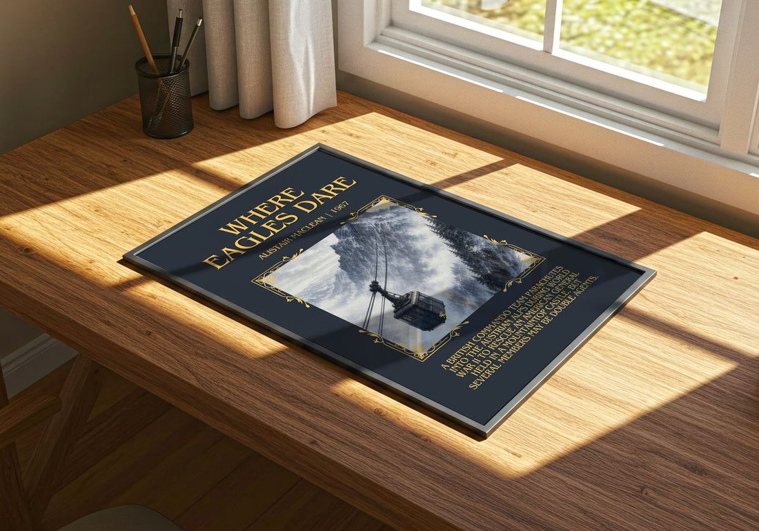 Where Eagles Dare Minimalist Book Poster by Alistair MacLean – print on a sunlit desk