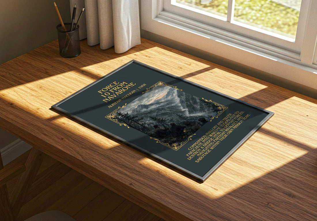 Force 10 from Navarone Minimalist Book Poster by Alistair MacLean – print on a sunlit desk