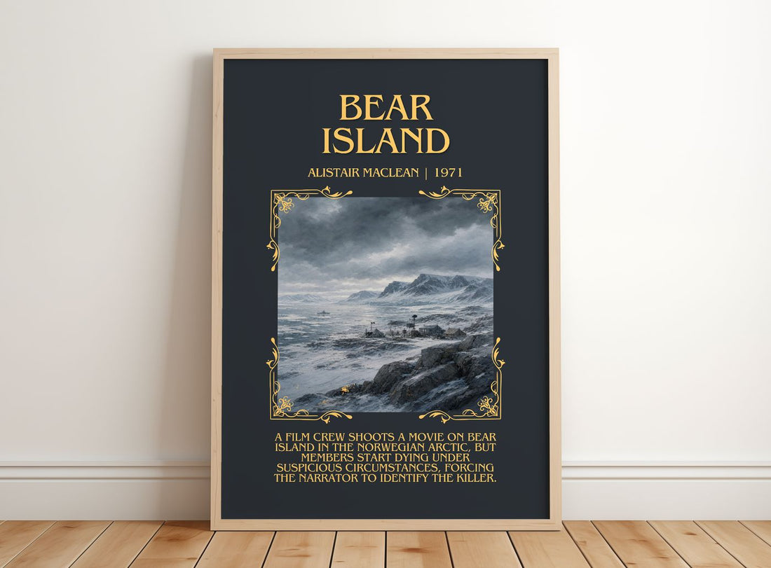 Bear Island Minimalist Book Poster by Alistair MacLean – framed print leaning on a wooden floor