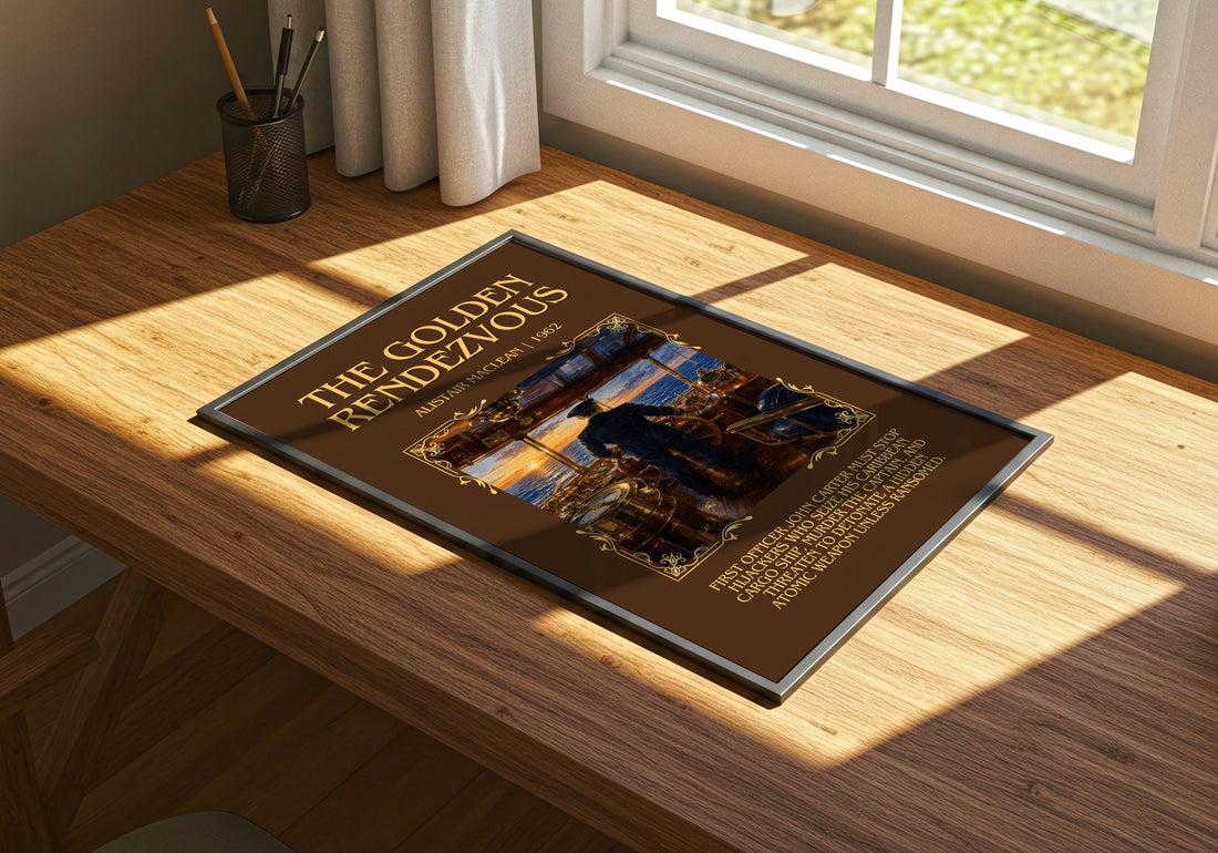 The Golden Rendezvous Minimalist Book Poster by Alistair MacLean – print on a sunlit desk