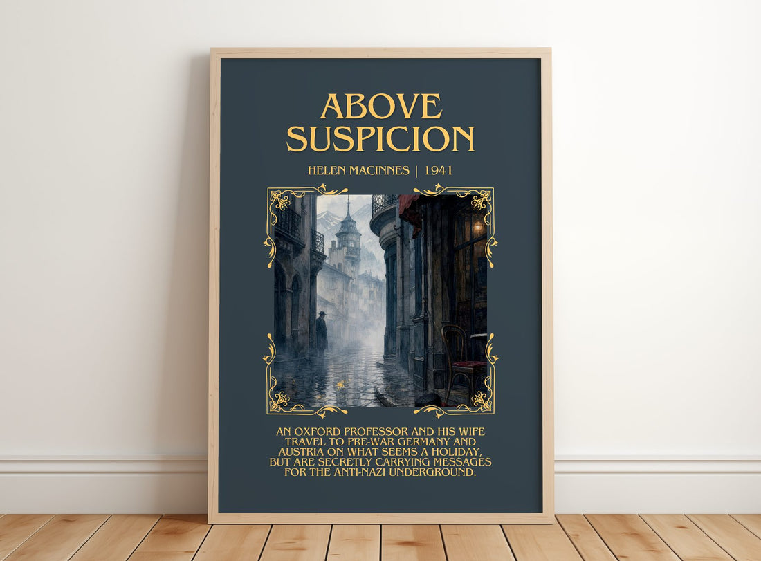 Above Suspicion Minimalist Book Poster by Helen MacInnes – framed print leaning on a wooden floor