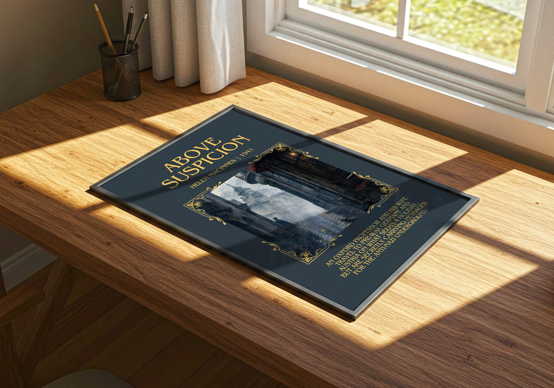 Above Suspicion Minimalist Book Poster by Helen MacInnes – print on a sunlit desk