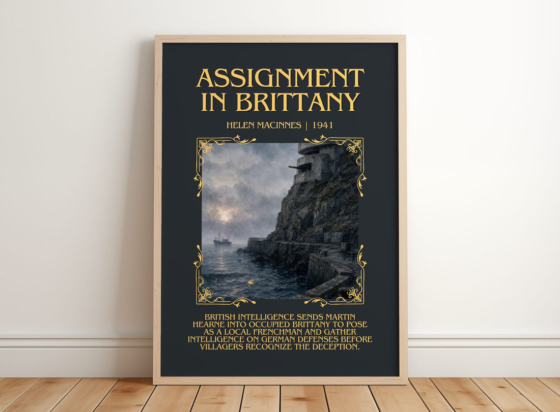 Assignment in Brittany Minimalist Book Poster by Helen MacInnes – framed print leaning on a wooden floor