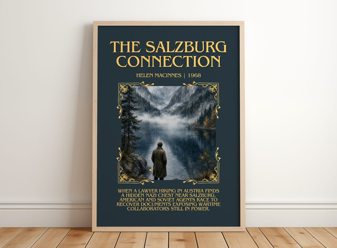 The Salzburg Connection Minimalist Book Poster by Helen MacInnes – framed print leaning on a wooden floor